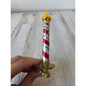 Glass candle clip ornament glitter gold peppermint striped Xmas tree